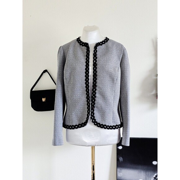 Vintage 50s 1950s Gray Houndsthooth Open Front Blazer Jacket Classic Chic M - Picture 1 of 8